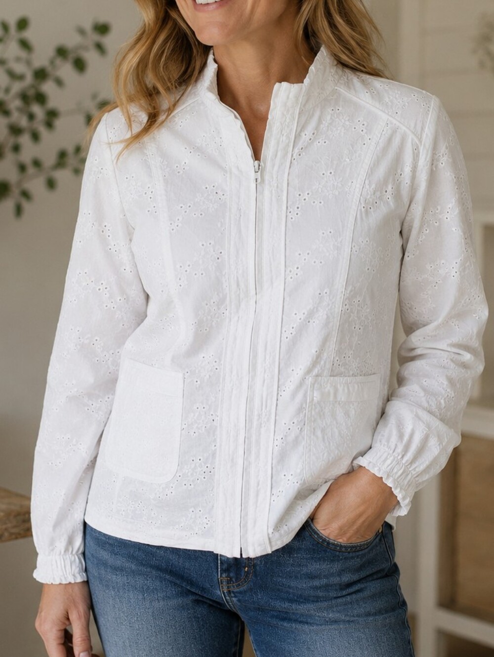White Eyelet Zip Jacket AppleSeed CottageCore 100% Cotton